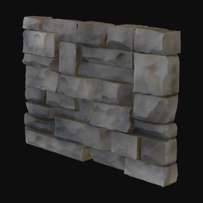 3D model for A story-height sandstone wall, measuring 2x3.5x0.35 meters, presents a substantial, rectangular form. Its surface is a warm, earthy ochre, exhibiting numerous chipped edges that lend it a rugged, aged appearance. Subtle, shallow relief patterns are integrated across its face, providing a gentle visual texture without being overly prominent. The overall material feels coarse and granular to the touch, characteristic of natural sandstone, with the chipped areas offering a slightly sharper, more uneven tactile quality.