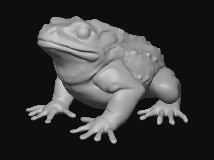 3D model for The object is a detailed, textured bronze statue of a frog sitting on a pile of coins, with a coin dangling from its mouth