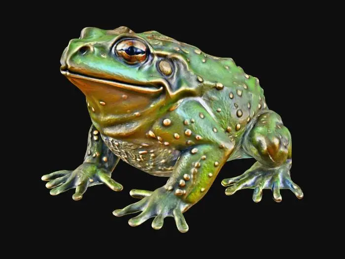 3D model for The object is a detailed, textured bronze statue of a frog sitting on a pile of coins, with a coin dangling from its mouth