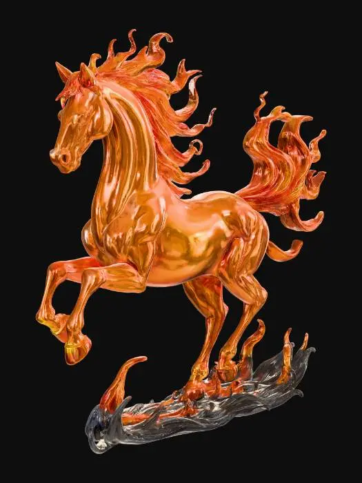 3D model for A fiery horse statue, spirit of the 2026 year, solid 3D model, low-poly style, optimized for 3D printing, no supports needed, manifold geometry