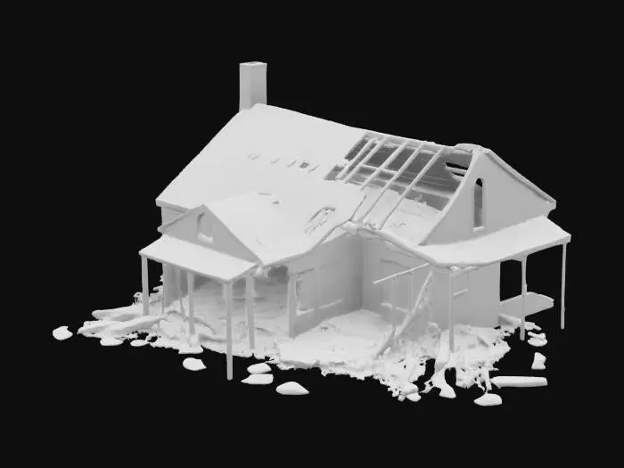 3D model for a house destroyed by a tornado with the tornado behind it and trees down
