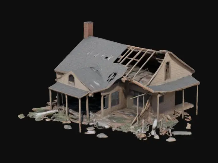 3D model for a house destroyed by a tornado with the tornado behind it and trees down
