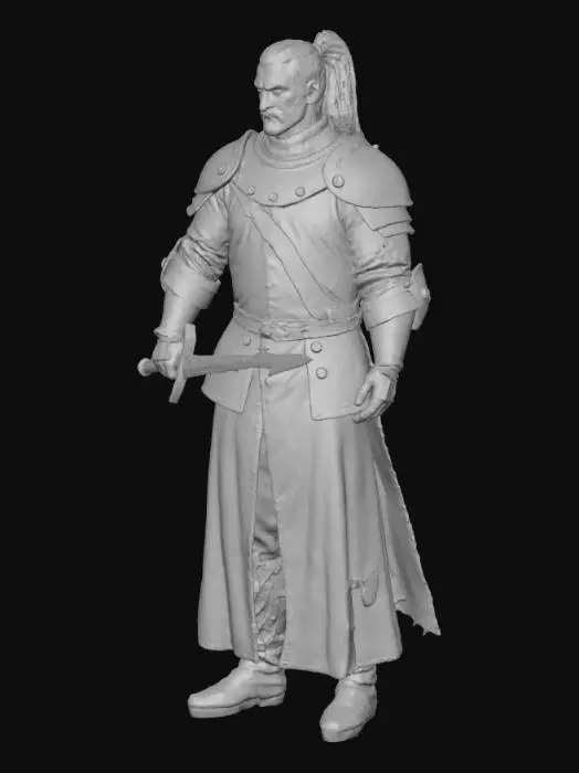 3D model for A dark medieval knight warrior character, detailed armor with worn brown leather textures, muscular build, fierce expression, holding a curved sword with intricate engravings, battle-ready pose,too much curved sward like dothrakis from game of thrones with a haired long pony at back, realistic 3D game character style, dramatic moody lighting, highly detailed textures, helmet with dark visor, atmospheric background subtly hinted, 4K ultra-detailed render.