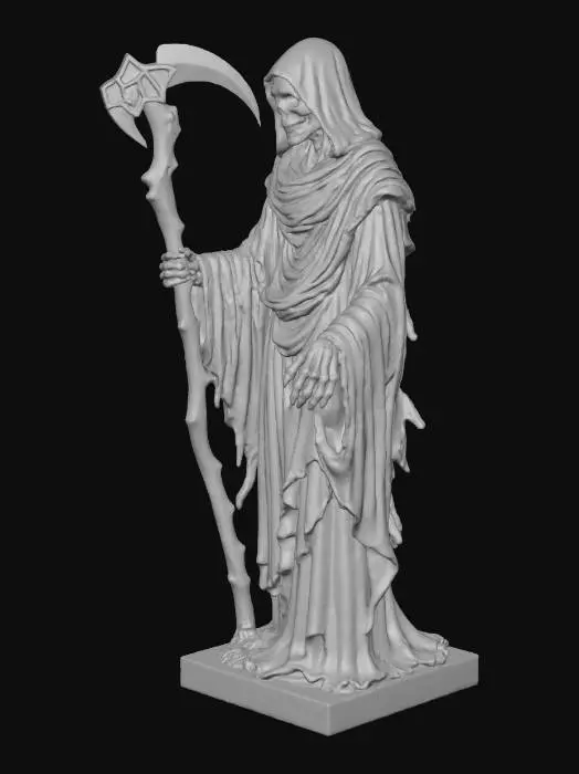 3D model for A weathered stone statue of the Grim Reaper, its hollow eyes staring ominously ahead, clutching a sharp, curved sickle in its bony Left hand. The figure is cloaked in a tattered, flowing robe, with intricate carvings that mimic the texture of aged fabric. Moss and cracks adorn the surface, giving it an eerie, timeworn appearance, as if it has been standing vigil for centuries.