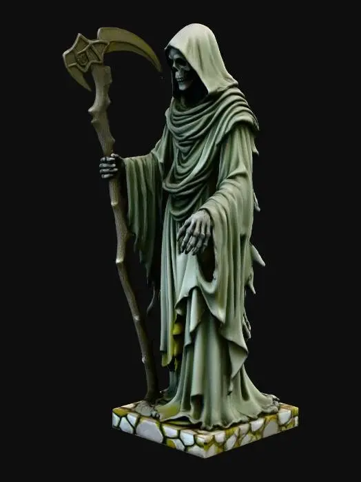 3D model for A weathered stone statue of the Grim Reaper, its hollow eyes staring ominously ahead, clutching a sharp, curved sickle in its bony Left hand. The figure is cloaked in a tattered, flowing robe, with intricate carvings that mimic the texture of aged fabric. Moss and cracks adorn the surface, giving it an eerie, timeworn appearance, as if it has been standing vigil for centuries.