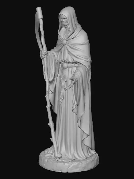 3D model for Stone statue of the Grim Reaper holding a sickle on the right side.