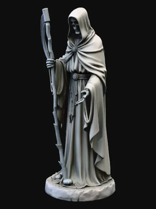 3D model for Stone statue of the Grim Reaper holding a sickle on the right side.