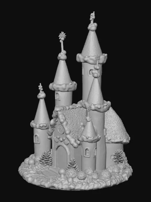 3D model for Gingerbread Castle with White Icing as snow, Candy Decorations Red and green Round Roof Towers with candy decorations, Hogwarts like Gingerbread Castle