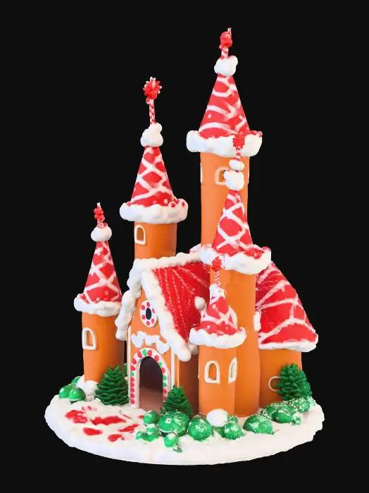 3D model for Gingerbread Castle with White Icing as snow, Candy Decorations Red and green Round Roof Towers with candy decorations, Hogwarts like Gingerbread Castle
