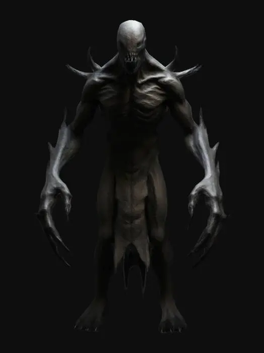 3D model for "A faceless, humanoid figure wrapped in shifting darkness. Its elongated arms end in razor-sharp claws. Its jagged, tooth-filled mouth is unnervingly wide. It flickers between dimensions, distorting reality around it. Game-ready with sharp silhouettes, deep shadows, and eerie glowing accents."