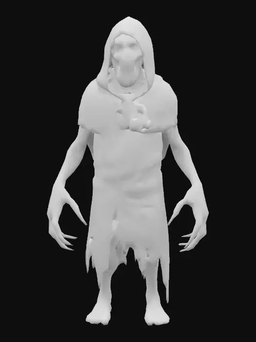 3D model for A tall, gaunt figure wrapped in ragged cloth. Its face is hidden beneath a cracked porcelain mask with hollow, glowing eyes. Long, clawed fingers twitch as it moves unnaturally through the darkness. Shadows cling to its form, flickering like a broken reality. Game-ready, eerie lighting, and defined silhouette
