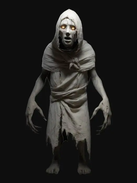 3D model for A tall, gaunt figure wrapped in ragged cloth. Its face is hidden beneath a cracked porcelain mask with hollow, glowing eyes. Long, clawed fingers twitch as it moves unnaturally through the darkness. Shadows cling to its form, flickering like a broken reality. Game-ready, eerie lighting, and defined silhouette
