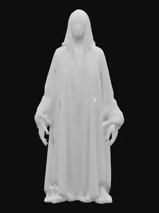 3D model for A towering humanoid covered in an intricate, ancient robe. Its head is featureless except for a single, vertical slit where a mouth should be. It stands motionless, but its presence alone creates an overwhelming sense of dread. Subtle cracks in its surface reveal a pulsating light within. Game-ready, high-contrast lighting, and haunting atmosphere