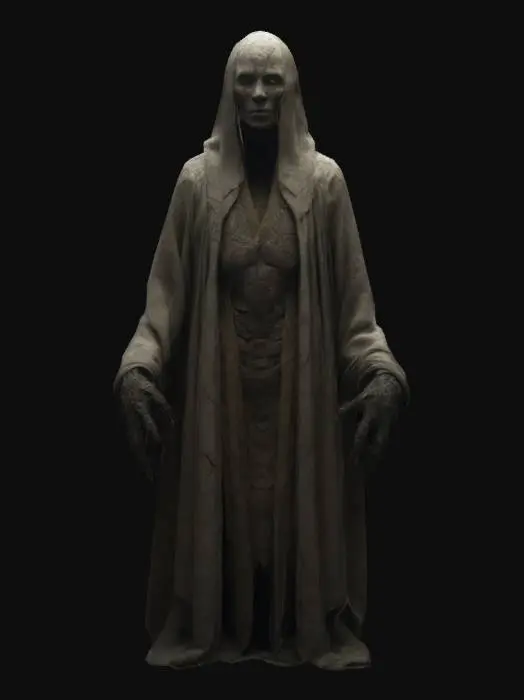 3D model for A towering humanoid covered in an intricate, ancient robe. Its head is featureless except for a single, vertical slit where a mouth should be. It stands motionless, but its presence alone creates an overwhelming sense of dread. Subtle cracks in its surface reveal a pulsating light within. Game-ready, high-contrast lighting, and haunting atmosphere