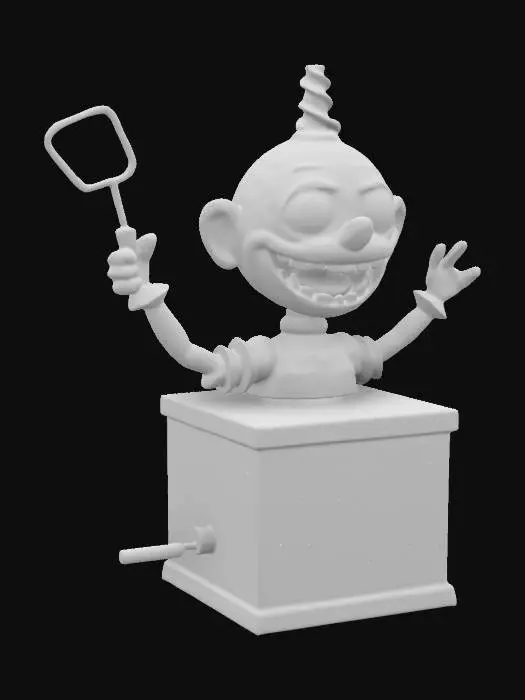 3D model for An old, rusted jack-in-the-box, its tin body dented and covered in peeling circus designs. The handle grinds loudly when turned, playing a distorted lullaby. When it pops open, a grotesque puppet with oversized eyes and an impossibly wide grin springs out, its fabric-covered hands reaching forward unnaturally. Its head slowly tilts, watching whoever opened it.