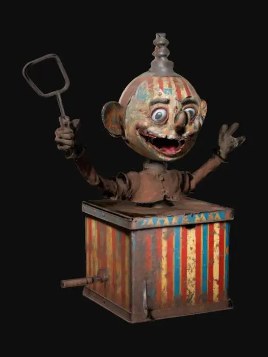 3D model for An old, rusted jack-in-the-box, its tin body dented and covered in peeling circus designs. The handle grinds loudly when turned, playing a distorted lullaby. When it pops open, a grotesque puppet with oversized eyes and an impossibly wide grin springs out, its fabric-covered hands reaching forward unnaturally. Its head slowly tilts, watching whoever opened it.