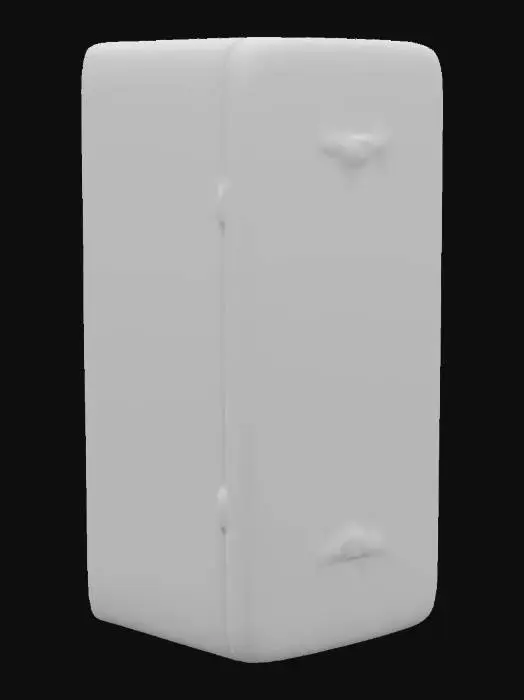 3D model for Rusted 70s Fridge: Old refrigerator, 1970s, rusted edges, peeling avocado green paint, dented metal, scratched chrome handles, faded textured surface, tarnished logo, thick dust, mid-century modern, worn-out appliance, retro decay, dimly lit, nostalgic