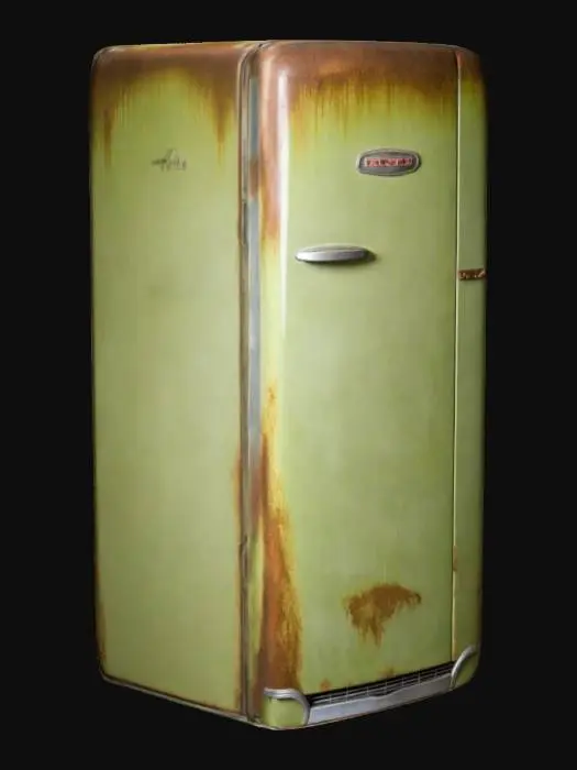 3D model for Rusted 70s Fridge: Old refrigerator, 1970s, rusted edges, peeling avocado green paint, dented metal, scratched chrome handles, faded textured surface, tarnished logo, thick dust, mid-century modern, worn-out appliance, retro decay, dimly lit, nostalgic