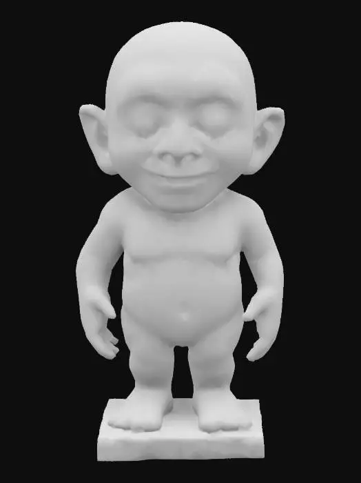 3D model for Lifelike stone statue of a bald, expressionless man with sunken eyes and an unsettling grin. Skin carved unnaturally smooth, with faint veins etched across the surface. Hands hang stiffly at his sides, fingers slightly curled. Bare feet rest flat on a polished base with no inscription. The gaze feels too direct, as if watching