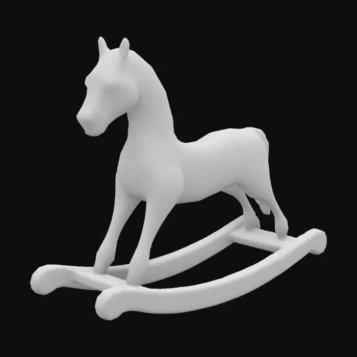3D model for A vintage wooden rocking horse, its once-white paint faded and chipped, revealing dark wood beneath. The carved eyes are deep, hollow sockets, and its mouth is slightly open, revealing tiny, unnatural wooden teeth. Faint red streaks stain the base, as if something small had bled onto it. When left alone, the horse slowly begins to rock on its own