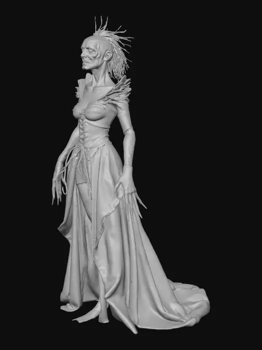 3D model for An elderly countess from the 19th century, creepily slender, arched, with long, sharp fingers. Her hair was pulled back. Her expression was monstrous.