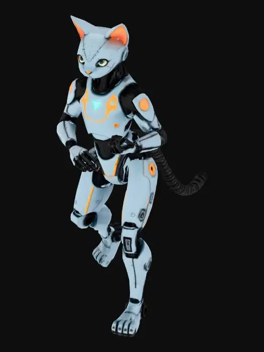 3D model for A humanoid robotic cat standing upright on two legs, full body, neutral A-pose, arms slightly away from the body, legs straight, symmetrical posture.
Hard-surface sci-fi robot design, sleek mechanical panels, visible joints, clean geometry.
Clearly defined head, torso, shoulders, elbows, wrists, hips, knees, and ankles.
Five-fingered robotic hands, digitigrade robotic legs.
Centered, facing forward, no dynamic pose.
Single solid character, no base, no props, no weapons.
Smooth topology suitable for animation and auto-rigging.
High detail, realistic proportions, PBR-ready materials.