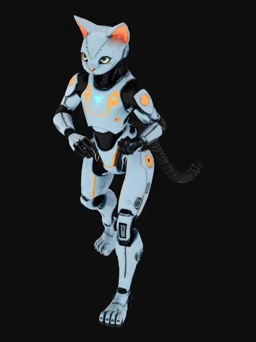 3D model for A humanoid robotic cat standing upright on two legs, full body, neutral A-pose, arms slightly away from the body, legs straight, symmetrical posture.
Hard-surface sci-fi robot design, sleek mechanical panels, visible joints, clean geometry.
Clearly defined head, torso, shoulders, elbows, wrists, hips, knees, and ankles.
Five-fingered robotic hands, digitigrade robotic legs.
Centered, facing forward, no dynamic pose.
Single solid character, no base, no props, no weapons.
Smooth topology suitable for animation and auto-rigging.
High detail, realistic proportions, PBR-ready materials.