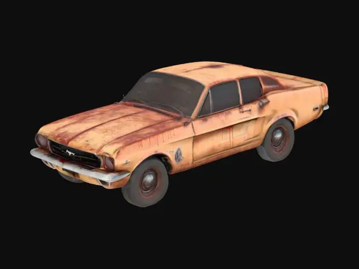 3D model for #game asset# photo realistic mustang car in rusted state, dirty glass, and blood stanine on the front of the car, highly detailed, 4k texture, realistic