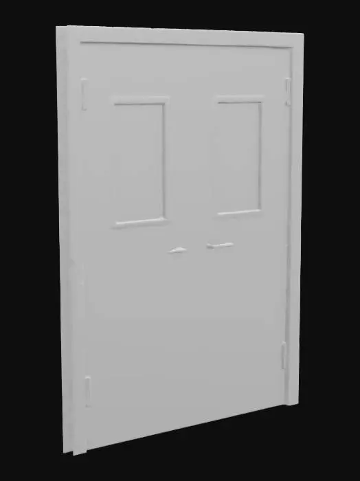 3D model for #game asset# a metal double door, with 1 small glass window on each side of the door, rusted edges around the door, light color paint