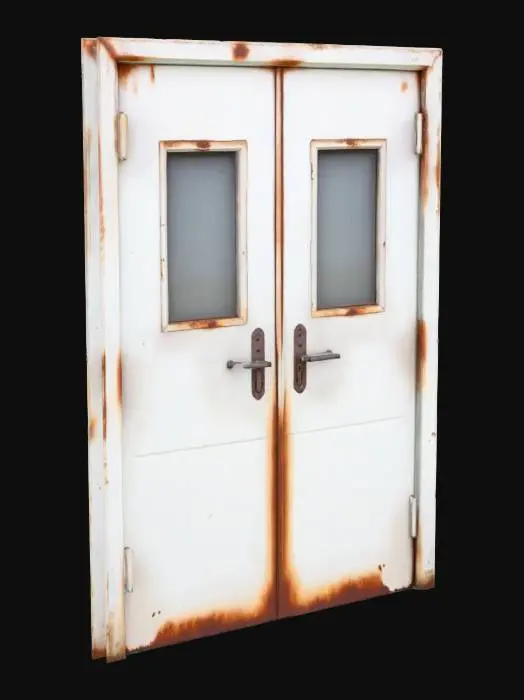 3D model for #game asset# a metal double door, with 1 small glass window on each side of the door, rusted edges around the door, light color paint