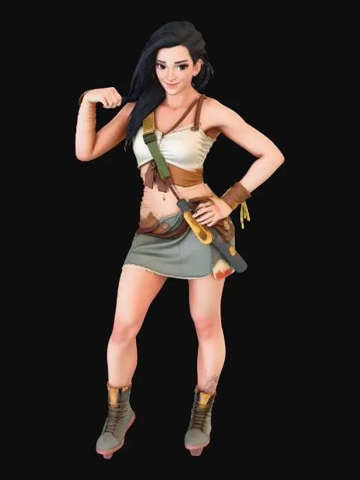 3D model for Full-body fit-girl survivor in T-pose, post-apocalyptic world reclaimed by nature, athletic feminine build, wearing a tight survival dress with organic fabric and light armor elements, sexy yet rugged look, exposed shoulders, defined legs, realistic muscle tone, light dirt and leaf details on clothing, natural skin tone, calm confident face, no cape, no weapons, overgrown ruins background, soft cinematic daylight, ultra-high detail realism, sharp focus, character modeling reference quality
