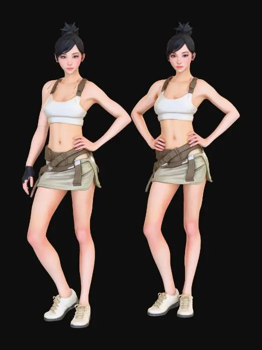 3D model for Full-body fit-girl survivor in T-pose, post-apocalyptic world reclaimed by nature, athletic feminine build, wearing a tight survival dress with organic fabric and light armor elements, sexy yet rugged look, exposed shoulders, defined legs, realistic muscle tone, light dirt and leaf details on clothing, natural skin tone, calm confident face, no cape, no weapons, overgrown ruins background, soft cinematic daylight, ultra-high detail realism, sharp focus, character modeling reference quality