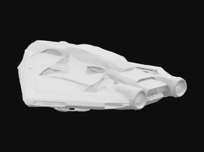 3D model for A triangular spaceship with a mix of full and reflective patterns on its surface. High resolution detailed texture. A small cockpit window is placed towards the rear of the ship. Two large thrusters protrude from the back. White and grey with red and orange hilights.