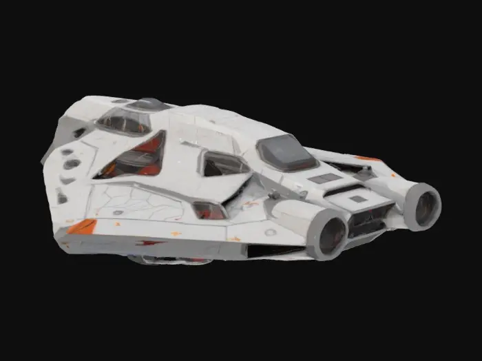 3D model for A triangular spaceship with a mix of full and reflective patterns on its surface. High resolution detailed texture. A small cockpit window is placed towards the rear of the ship. Two large thrusters protrude from the back. White and grey with red and orange hilights.