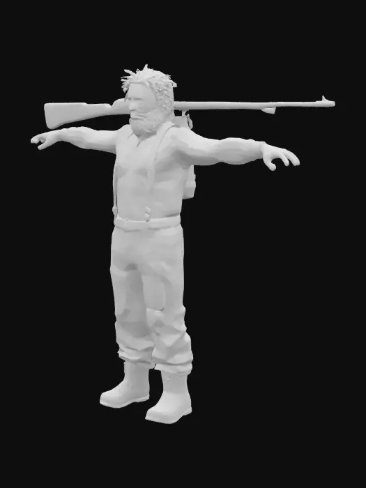 3D model for A spacefaring hillbilly wearing yellow suspenders. He has unruly red hair and an unkempt beard. A large hunting rifle is strapped to his back. High fidelity. T posing 