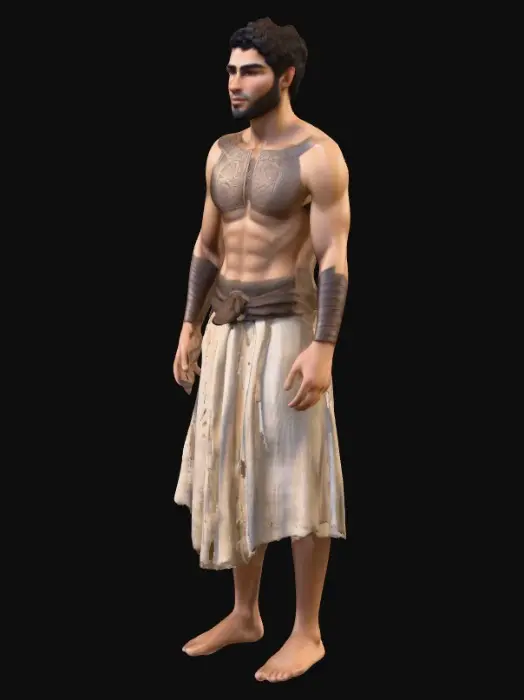 3D model for “Create a realistic young adult male inspired by ancient Sumerian features. Light brown skin, oval face, short trimmed beard, short black wavy hair. Strong but lean body. No tattoos. No ornaments. Natural eyebrows, defined cheekbones, serious calm expression. Clothing: simple ancient linen tunic in beige tones, natural folds, no armor. Barefoot or simple sandals. Full-body model. Clean topology, even quads, neutral A-pose. Suitable for rigging and animation, natural human proportions.”
