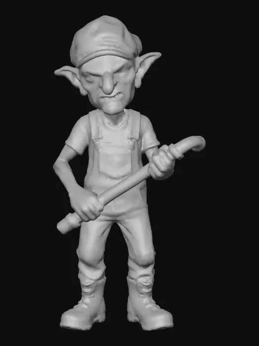 3D model for A skinny, green-skinned goblin glares menacingly, clutching a sturdy, grimy metal pipe as a weapon. He wears dirty blue plumber's overalls of coarse, stained fabric, and a bright green, slightly crumpled cap. His feet are encased in heavily muddy, scuffed dark leather boots, almost entirely obscured by thick brown muck, conveying a dangerous, unkempt worker with a menacing intent.