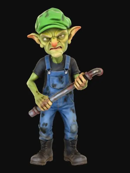 3D model for A skinny, green-skinned goblin glares menacingly, clutching a sturdy, grimy metal pipe as a weapon. He wears dirty blue plumber's overalls of coarse, stained fabric, and a bright green, slightly crumpled cap. His feet are encased in heavily muddy, scuffed dark leather boots, almost entirely obscured by thick brown muck, conveying a dangerous, unkempt worker with a menacing intent.
