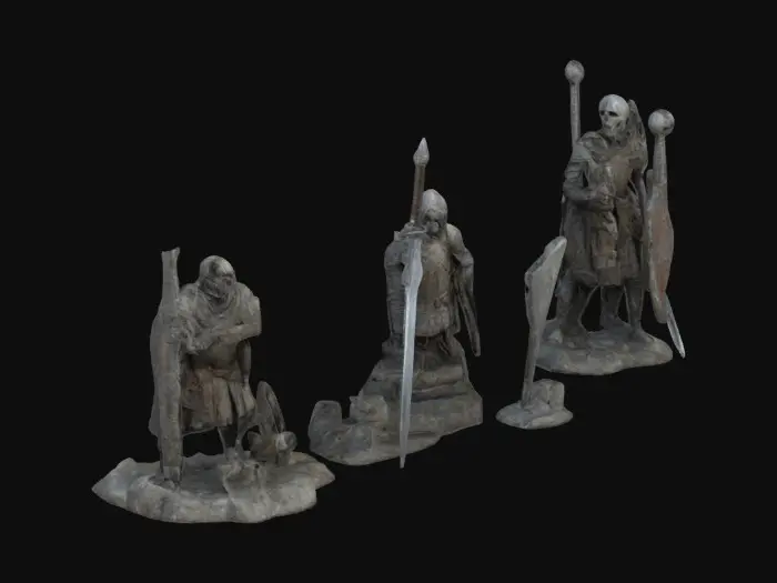 3D model for Medieval, Fantasy, Game of Thrones, Highly Detailed, Ultra Realistic, Rough, ruined effigies and battle relics, statues, swords, totems, mysterious objects
