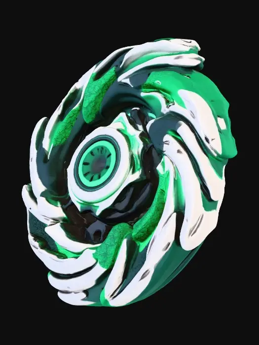 3D model for A Drake Swift Beyblade X Blade, 52mm diameter, right-spin. It features three aggressively forward-angled dragon-wing blades in silver, with sharp metallic edges, emerald highlights, and intricate dragon scale/wind swirl textures. Its black central core, with a 20mm inner diameter and 3mm deep Bit gear, is optimized for centrifugal force (65% mass in wings). Exhibiting a metallic sheen and optional wind streaks, it embodies a dragon slicing storms.