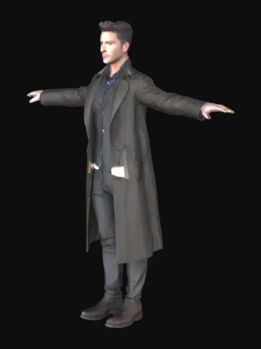 3D model for Eric Edwill is a charismatic investigative journalist in his early 30s with a sharp, intelligent gaze and a calm, confident presence. He has a clean, well-groomed look — short dark hair, light stubble, and striking eyes that hint at both curiosity and inner struggle. His style blends professionalism with field-readiness: a fitted dark trench coat over a layered button-up shirt and vest, slim black trousers, and polished leather boots. A leather satchel rests at his side, carrying his journalistic tools. His posture is alert yet composed — someone used to walking into danger with elegance and purpose. with no bag or weapon and good hair and should be t posing