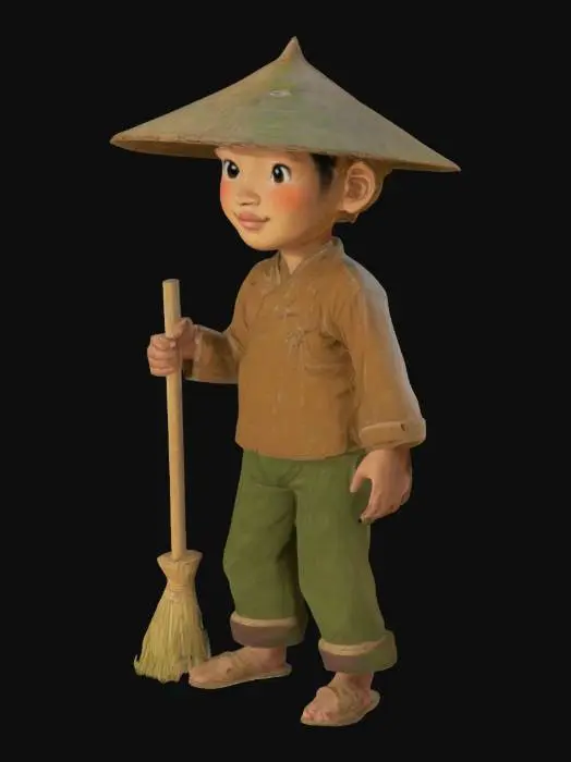 3D model for A detailed portrait of a Vietnamese farmer standing in a lush rice field at sunrise, wearing a traditional conical hat (nón lá), a simple áo bà ba (traditional Vietnamese tunic) in earthy tones like brown or green, and worn-out pants rolled up to the knees. The farmer is holding a wooden hoe over their shoulder, with a weathered yet resilient expression on their face.