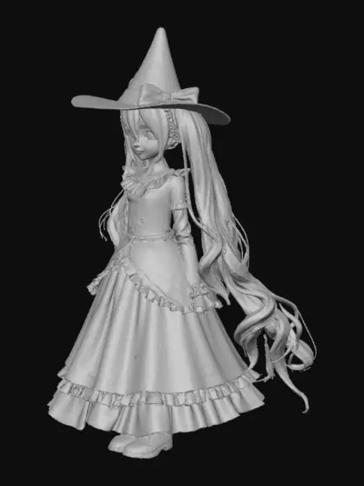 3D model for #Halloween2025#, Ultra-detailed 3D model of Hatsune Miku wearing a Halloween costume. She has her iconic long turquoise twin tails with realistic hair strands and subtle shine. The costume is a themed outfit, such as a witch dress or pumpkin-inspired ensemble, with flowing fabrics, ruffles, and intricate patterns. Fine surface detail includes fabric texture, stitching, and subtle folds. Realistic PBR materials for hair, skin, and clothing, with soft subsurface scattering on skin. Over 2 million faces with cinematic lighting, shadows, and a festive dark fantasy aesthetic, capturing a playful yet spooky Halloween vibe.