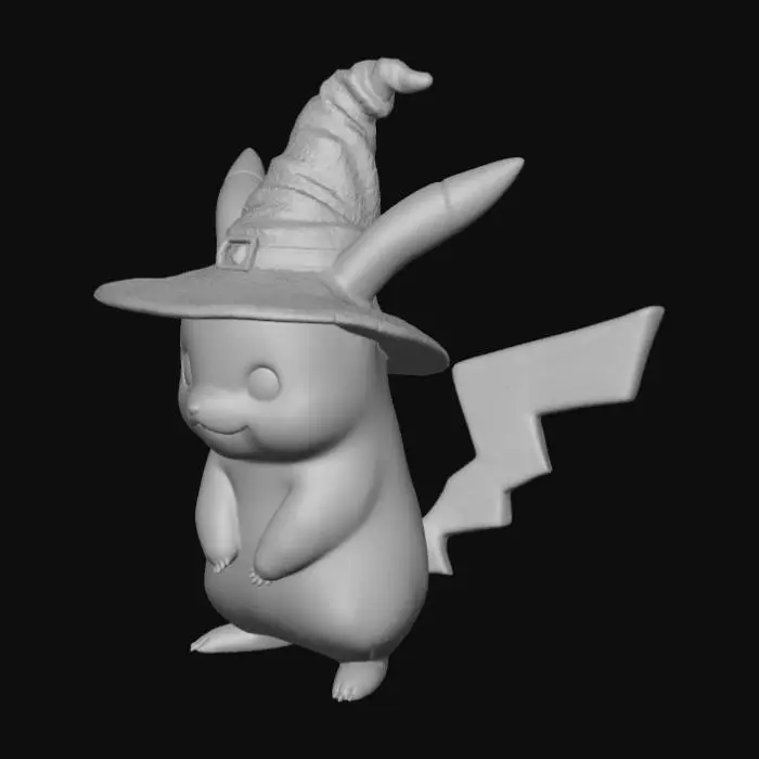 3D model for #Halloween2025#, Ultra-detailed 3D model of Pikachu wearing a classic Halloween witch hat. Pikachu’s body is smooth and slightly glossy, with realistic skin texture showing soft gradients and subtle surface imperfections. The witch hat is dark fabric with a bent tip, stitched seams, and a small silver buckle around the base. Lighting should accentuate Pikachu’s rounded form and warm yellow tone, while the hat casts soft shadows across the face. Eyes are reflective and expressive with realistic highlights, and cheeks have a gentle red glow. Includes PBR textures, normal and displacement maps. Over 2 million faces with cinematic lighting and a cute, festive Halloween aesthetic.