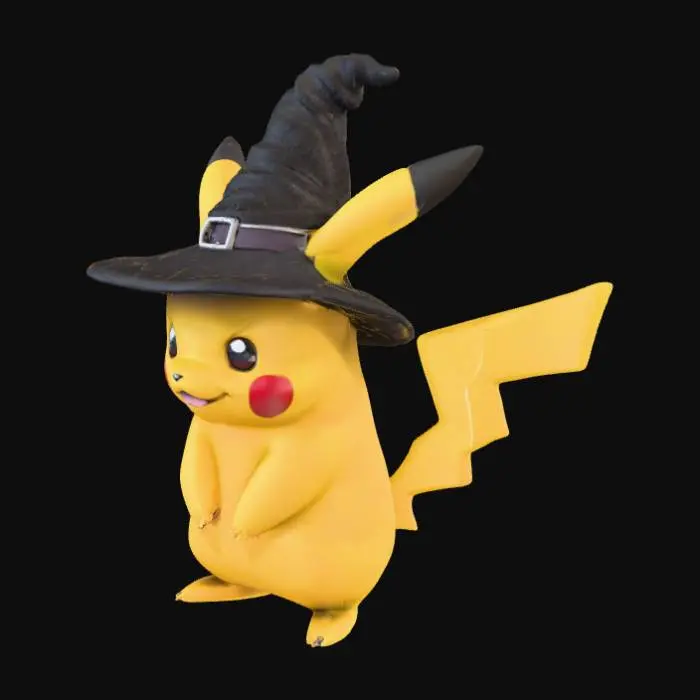 3D model for #Halloween2025#, Ultra-detailed 3D model of Pikachu wearing a classic Halloween witch hat. Pikachu’s body is smooth and slightly glossy, with realistic skin texture showing soft gradients and subtle surface imperfections. The witch hat is dark fabric with a bent tip, stitched seams, and a small silver buckle around the base. Lighting should accentuate Pikachu’s rounded form and warm yellow tone, while the hat casts soft shadows across the face. Eyes are reflective and expressive with realistic highlights, and cheeks have a gentle red glow. Includes PBR textures, normal and displacement maps. Over 2 million faces with cinematic lighting and a cute, festive Halloween aesthetic.