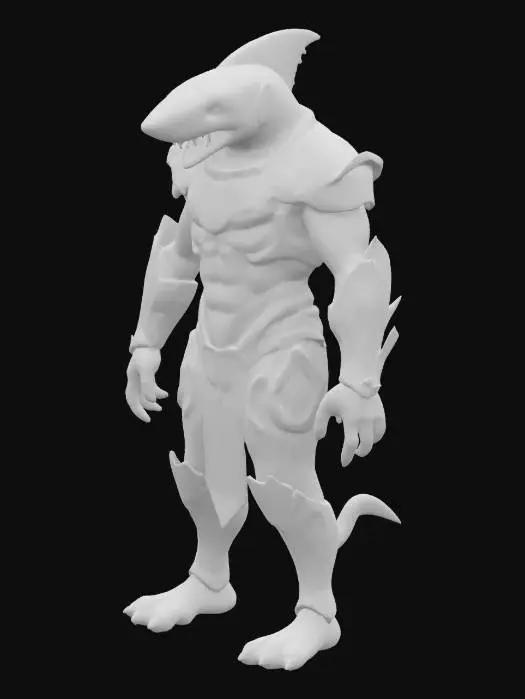 3D model for an , #ocean# like creature with ornamental gold armor and a blue cyan skin with the head of a shark in a humanoid body