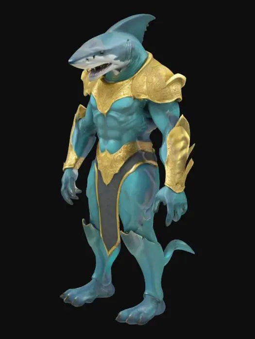 3D model for an , #ocean# like creature with ornamental gold armor and a blue cyan skin with the head of a shark in a humanoid body