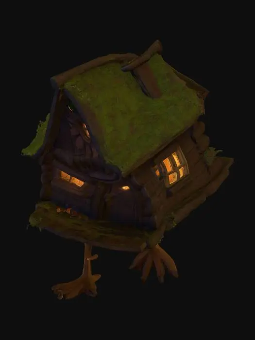 3D model for A highly detailed 3D model of a magical Slavic-style wooden hut standing on large chicken legs, inspired by Baba Yaga’s house from folklore. The hut should have crooked, weathered wooden walls, a moss-covered roof, carved wooden ornaments with mystical patterns, and small glowing windows emitting warm light. The chicken legs should be scaly, bird-like, with sharp claws, positioned as if the hut is ready to walk. Surround the model with a forest environment for context, with twisted trees and mist for an eerie fairy-tale atmosphere. Realistic textures, PBR materials, high polygon count, optimized for close-up rendering.