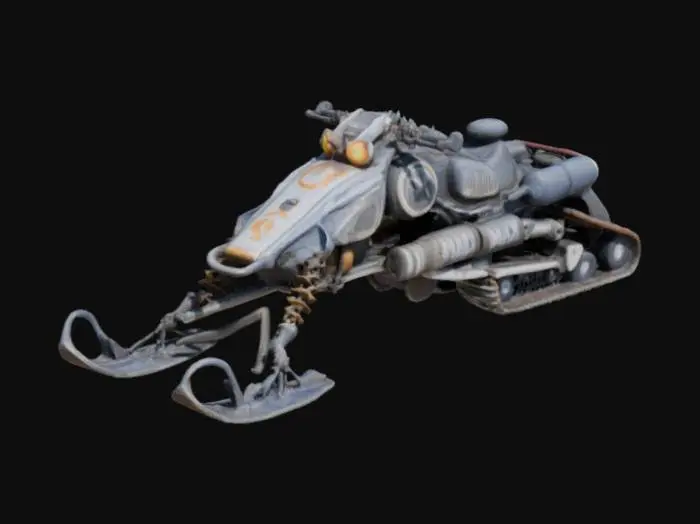 3D model for Mad Max-Style Snowmobile: A rugged, heavily modified snowmobile built for survival. The body is reinforced with spiked armor plating and exposed engine parts. The front features a menacing metal ram, while the treads and skis are reinforced for rough terrain. Fuel canisters, chains, and scavenged scrap metal add to its post-apocalyptic look. The handlebars have wrapped leather grips, and glowing red or blue headlights give an intimidating presence in the snow.