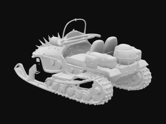 3D model for Mad Max-Style Snowmobile: A rugged, heavily modified snowmobile built for survival. The body is reinforced with spiked armor plating and exposed engine parts. The front features a menacing metal ram, while the treads and skis are reinforced for rough terrain. Fuel canisters, chains, and scavenged scrap metal add to its post-apocalyptic look. The handlebars have wrapped leather grips, and glowing red or blue headlights give an intimidating presence in the snow.